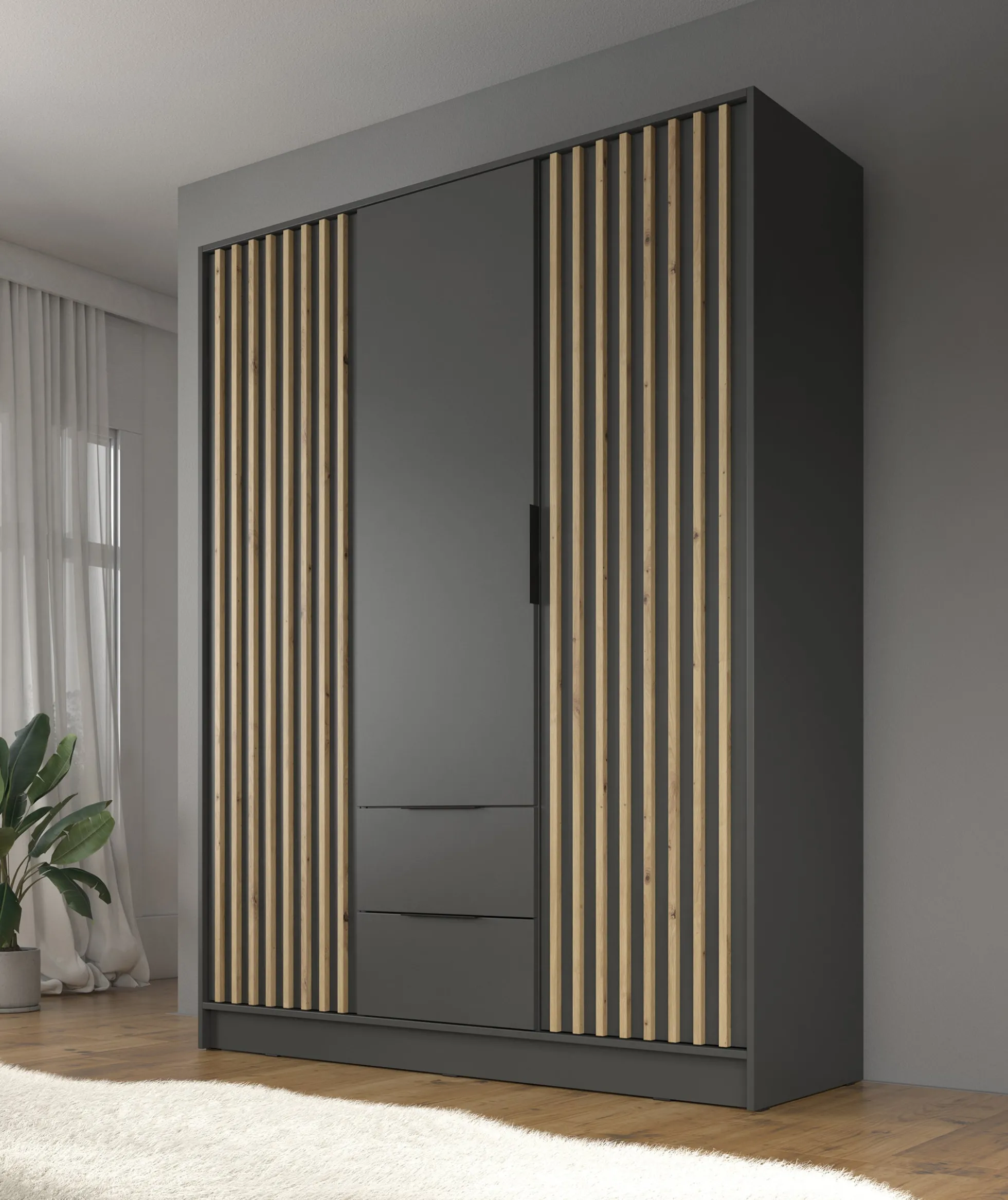 Nairobi - Kledingkast 3-deurs - Antraciet/eiken - 155x51x200 cm