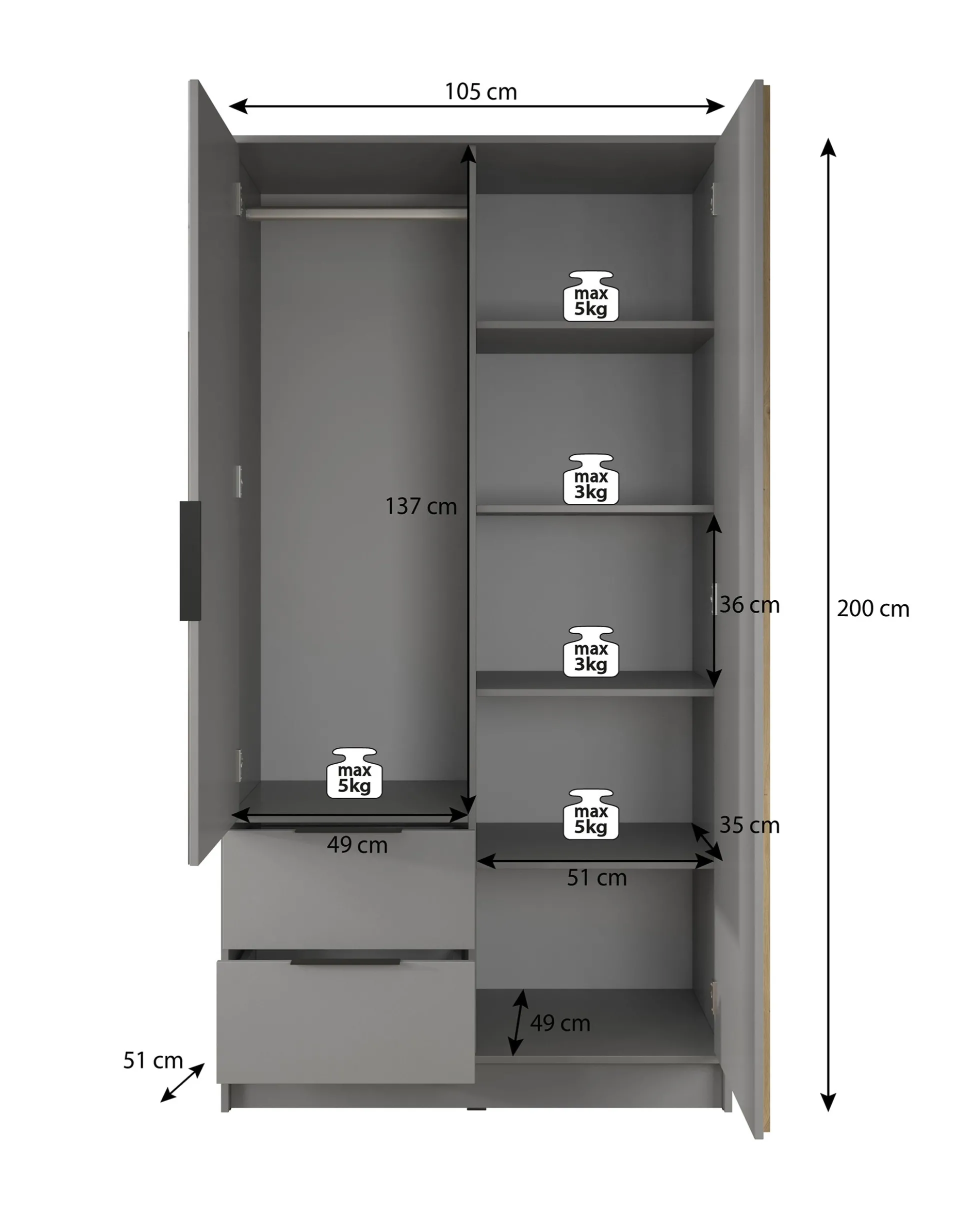 Nairobi - Kledingkast met spiegel - Eiken/zwart - 105x51x200 cm
