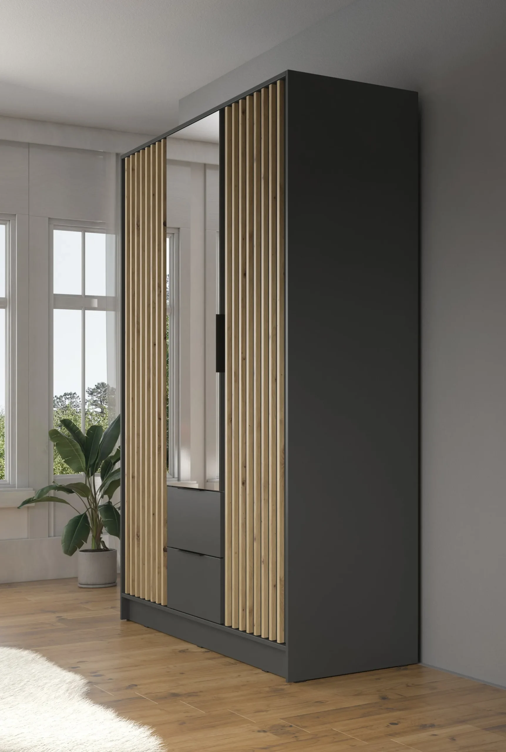 Nairobi - Kledingkast met spiegel - Antraciet/eiken - 155x51x200 cm