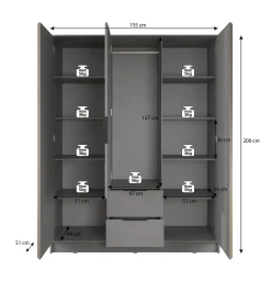 Nairobi - Kledingkast met spiegel - Antraciet/eiken - 155x51x200 cm