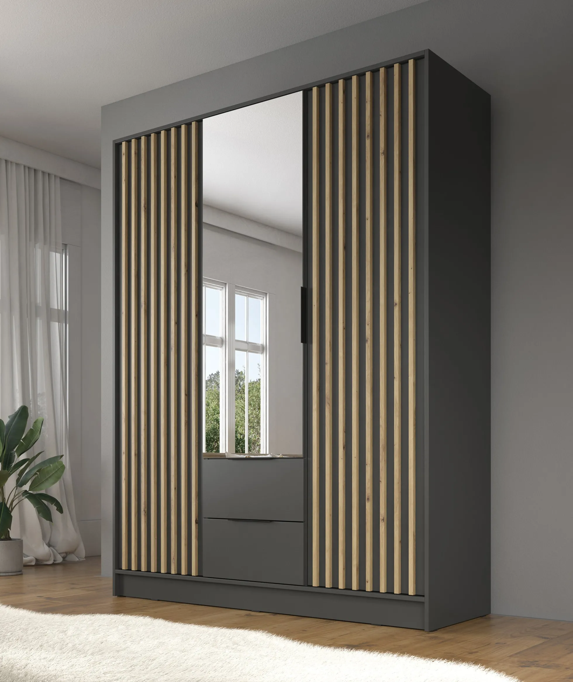 Nairobi - Kledingkast met spiegel - Antraciet/eiken - 155x51x200 cm