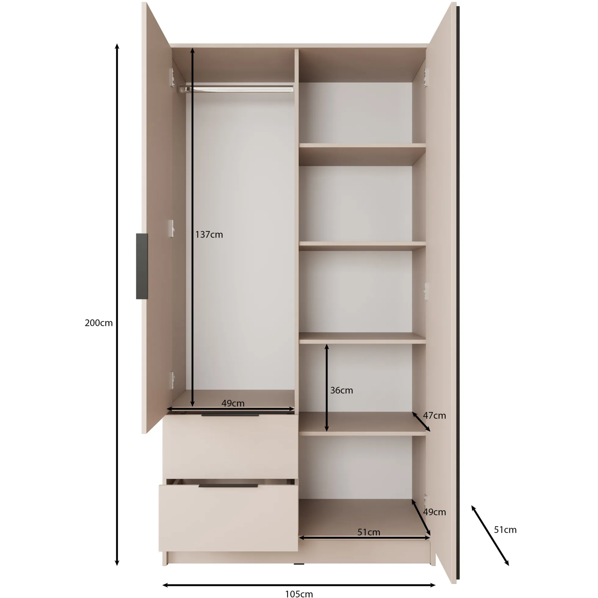 Nairobi - Kledingkast met spiegel - Beige/zwart - 105x51x200 cm
