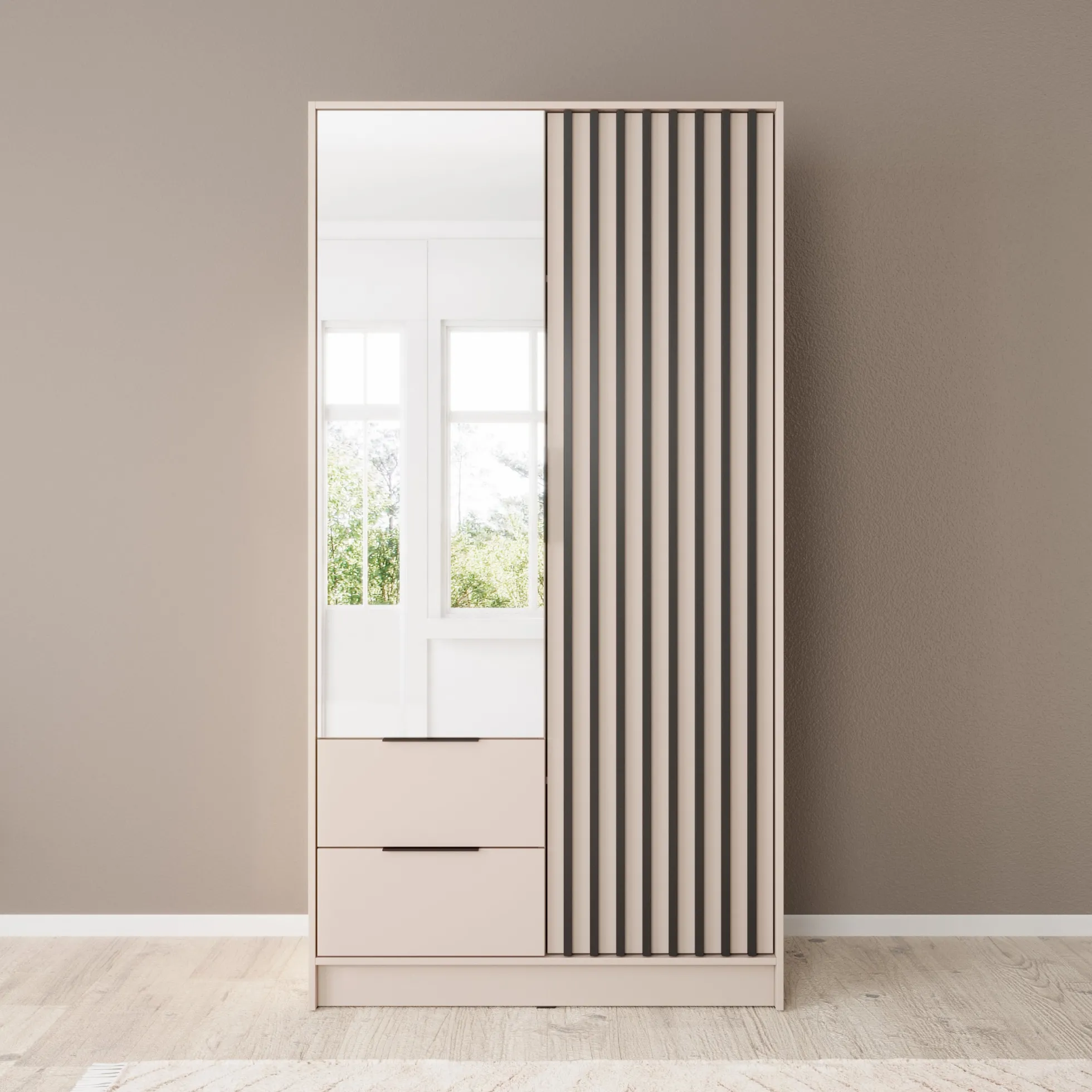 Nairobi - Kledingkast met spiegel - Beige/zwart - 105x51x200 cm