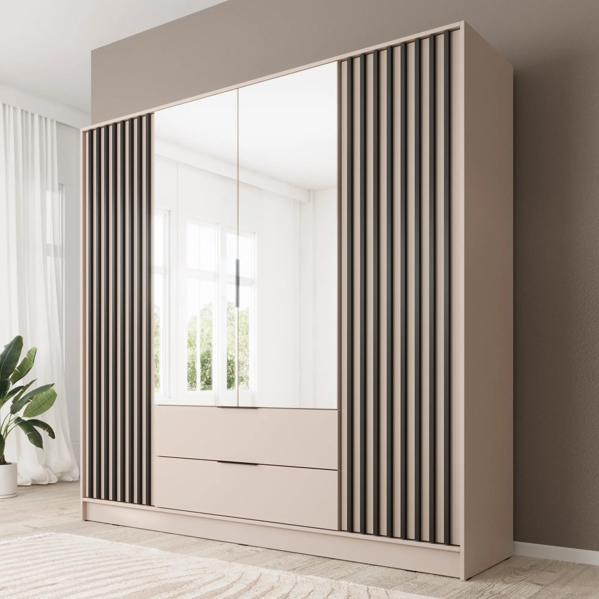 Nairobi - Kledingkast met spiegel - Beige/zwart - 206x51x200 cm