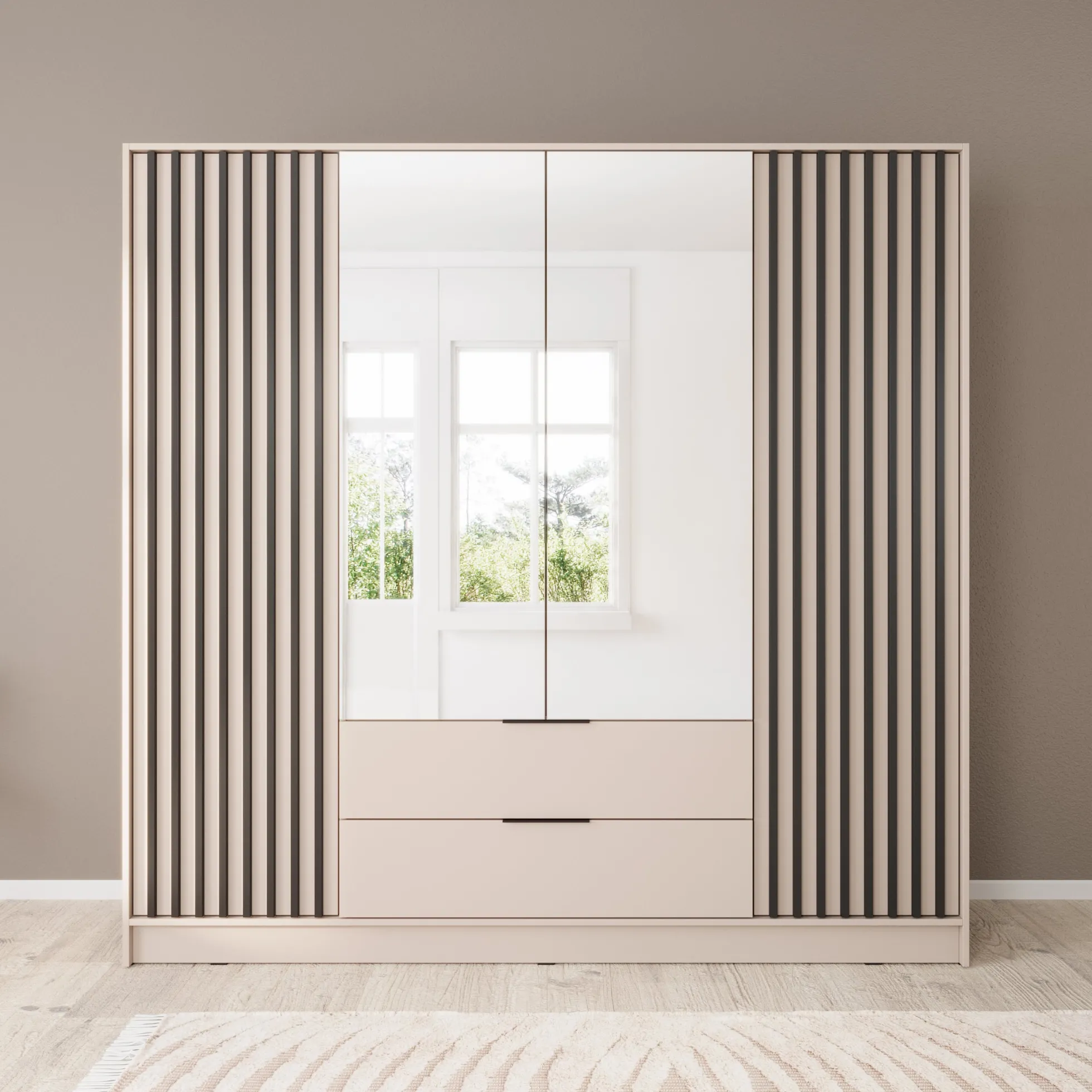 Nairobi - Kledingkast met spiegel - Beige/zwart - 206x51x200 cm