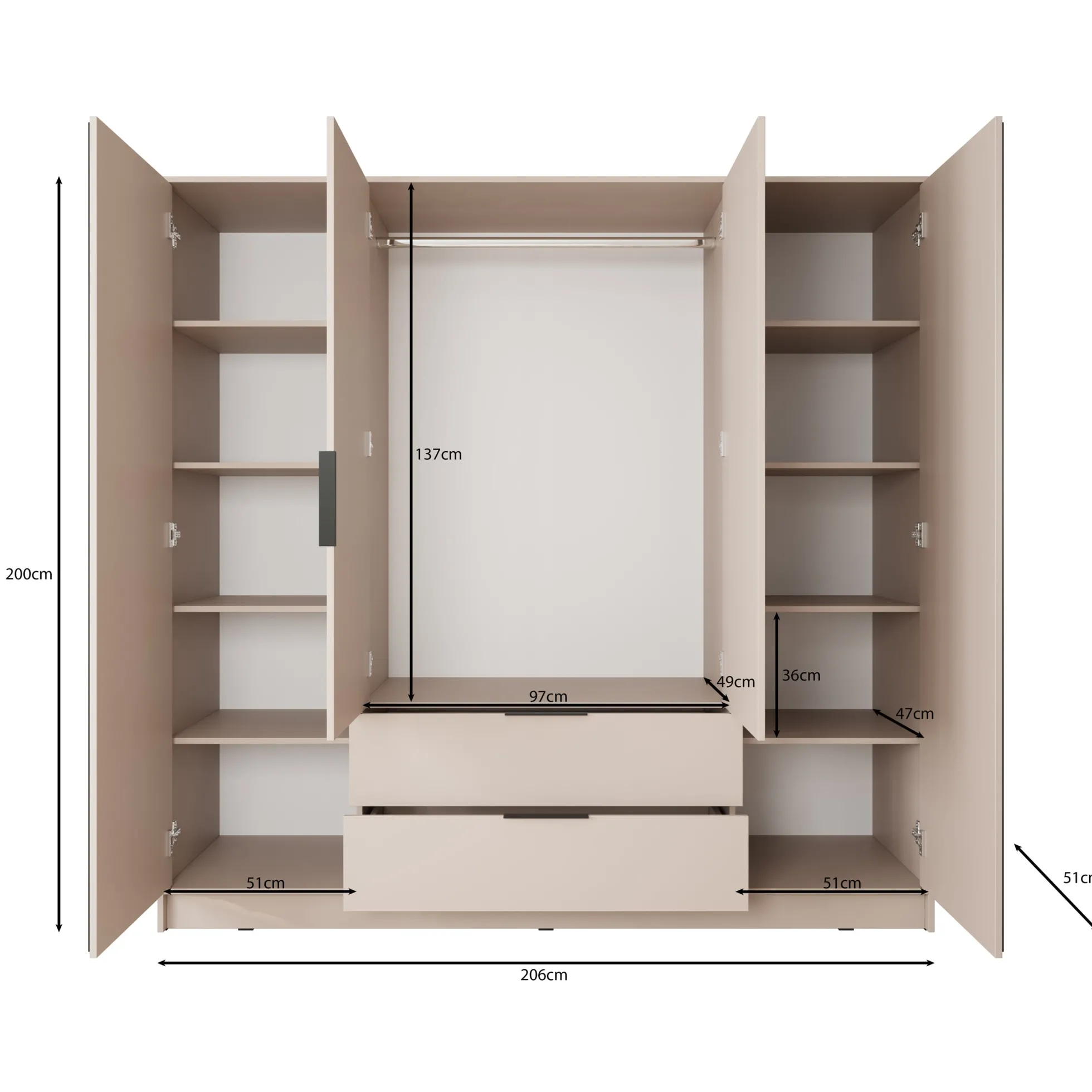 Nairobi - Kledingkast met spiegel - Beige/zwart - 206x51x200 cm