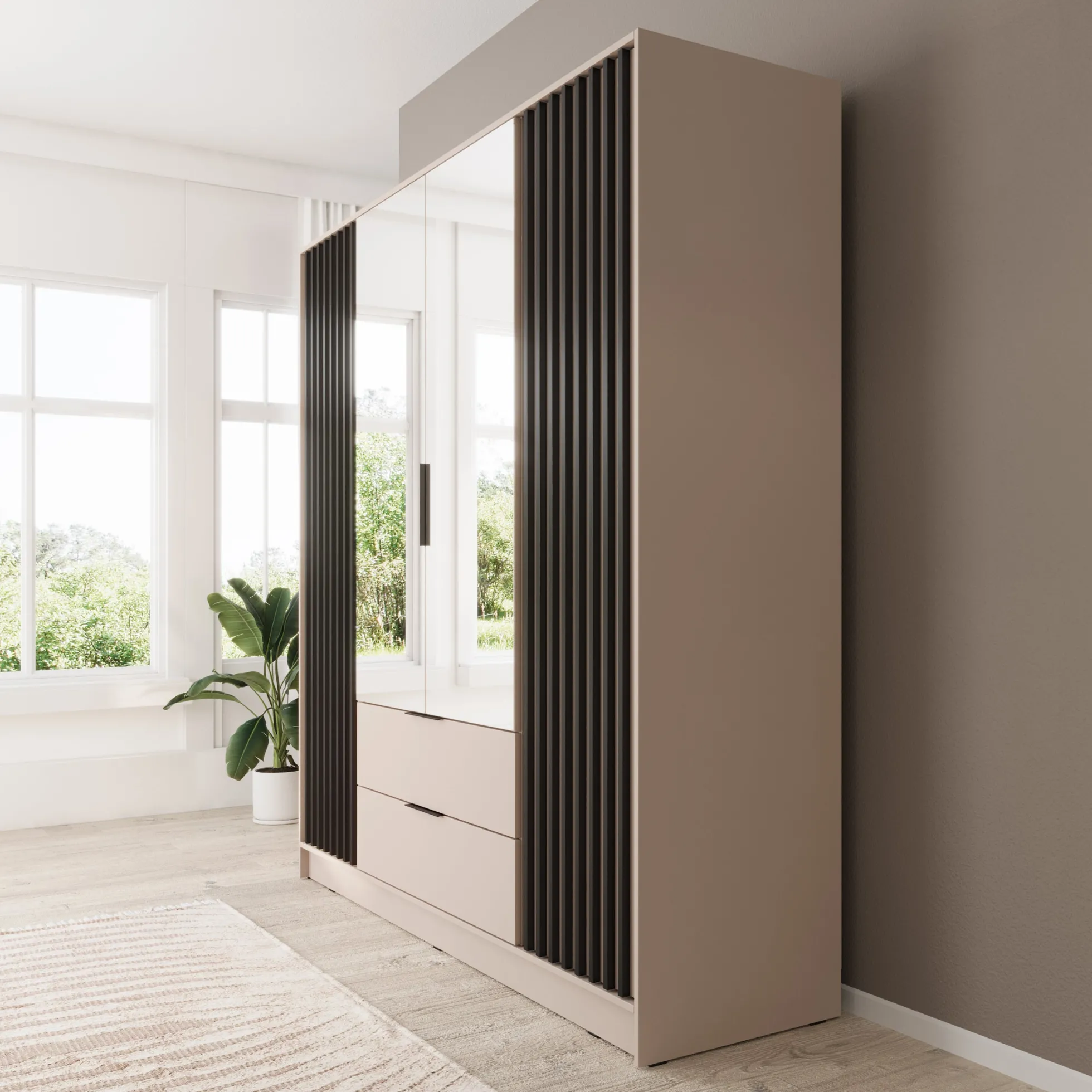 Nairobi - Kledingkast met spiegel - Beige/zwart - 206x51x200 cm