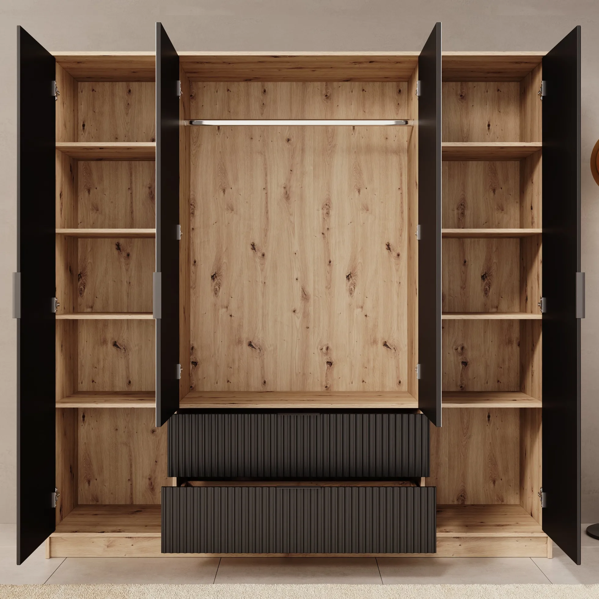 Negroni - Kledingkast 4 deurs - Eiken/Zwart - 200x51x200 cm