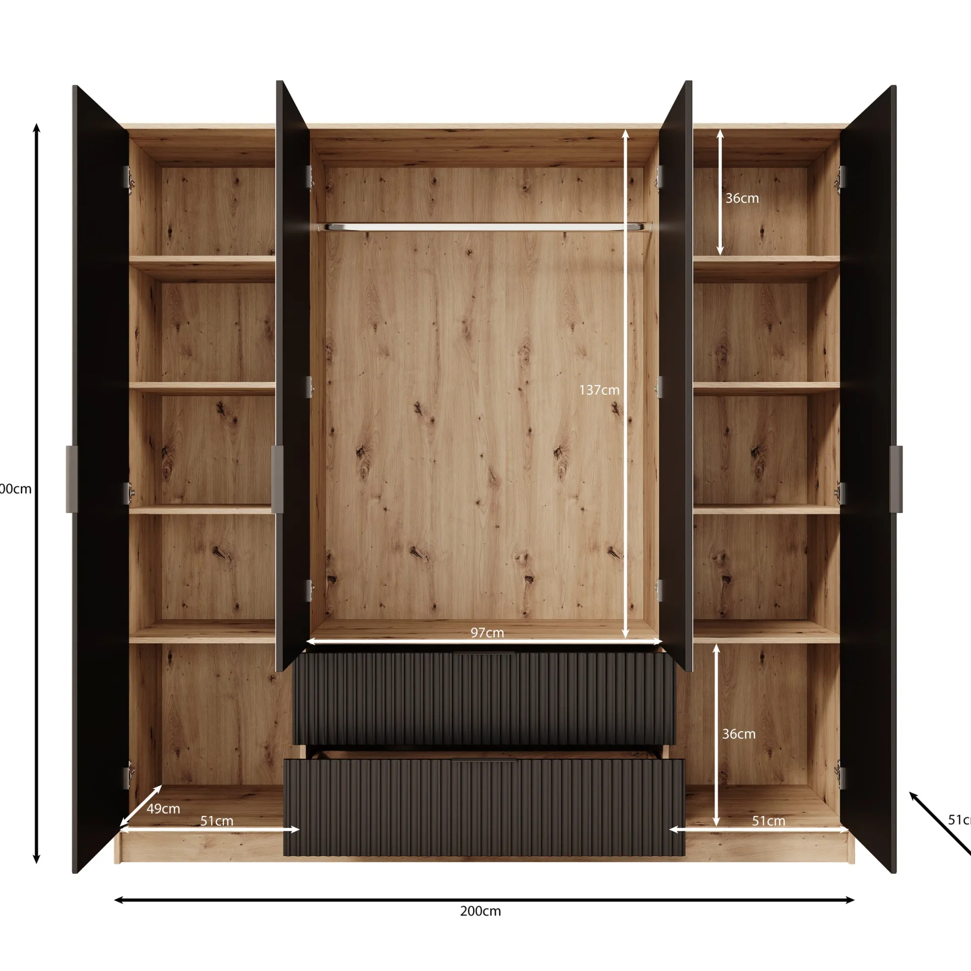 Negroni - Kledingkast 4 deurs - Eiken/Zwart - 200x51x200 cm