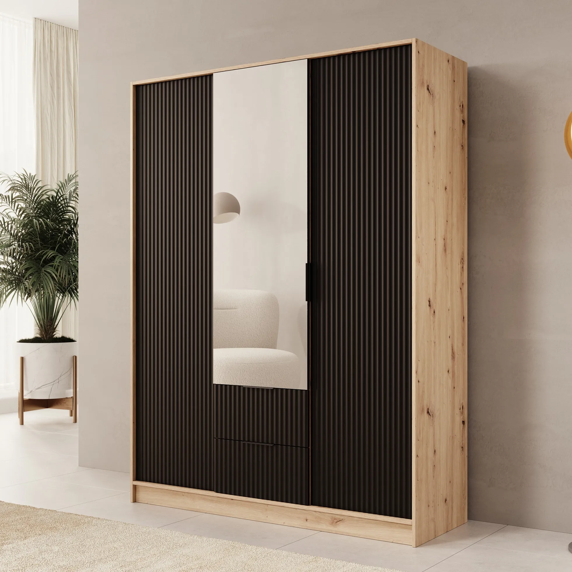 Negroni - Kledingkast met 3 deuren - Eiken/Zwart - 150x51x20