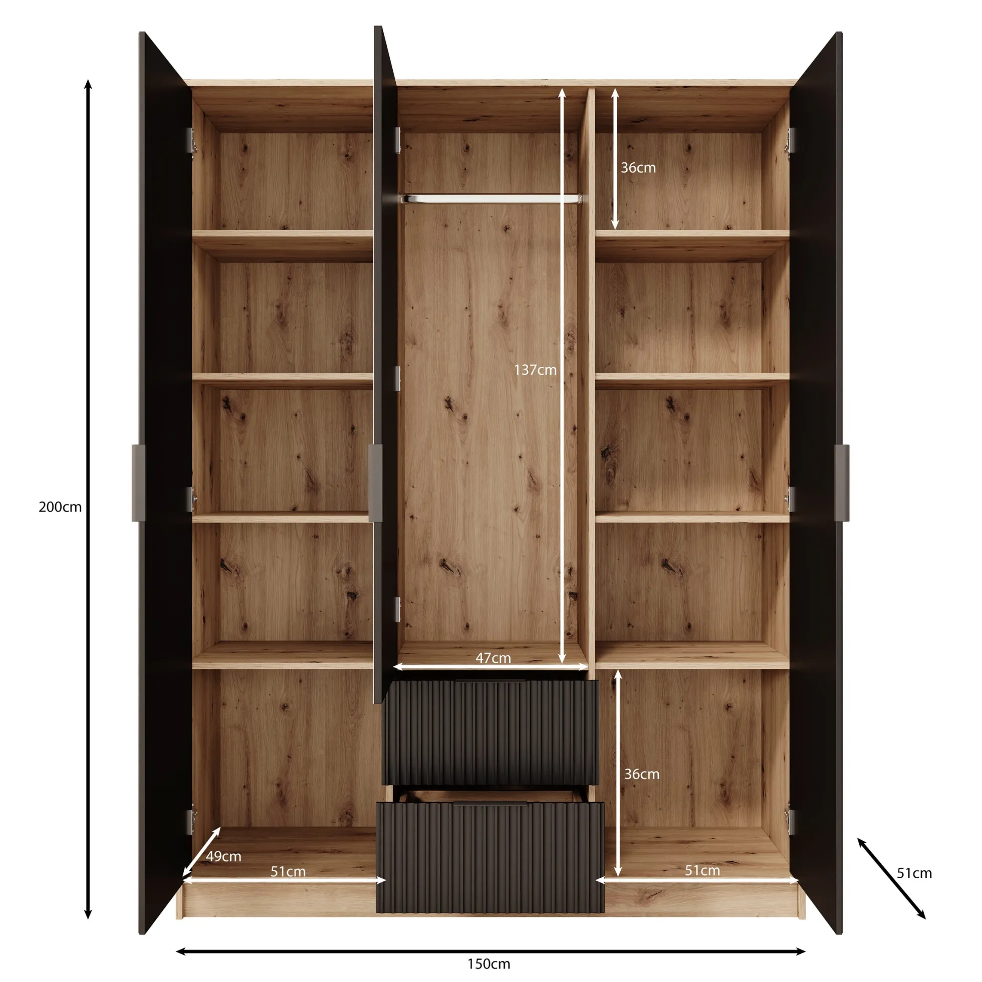 Negroni - Kledingkast met 3 deuren - Zwart - 150x51x200 cm