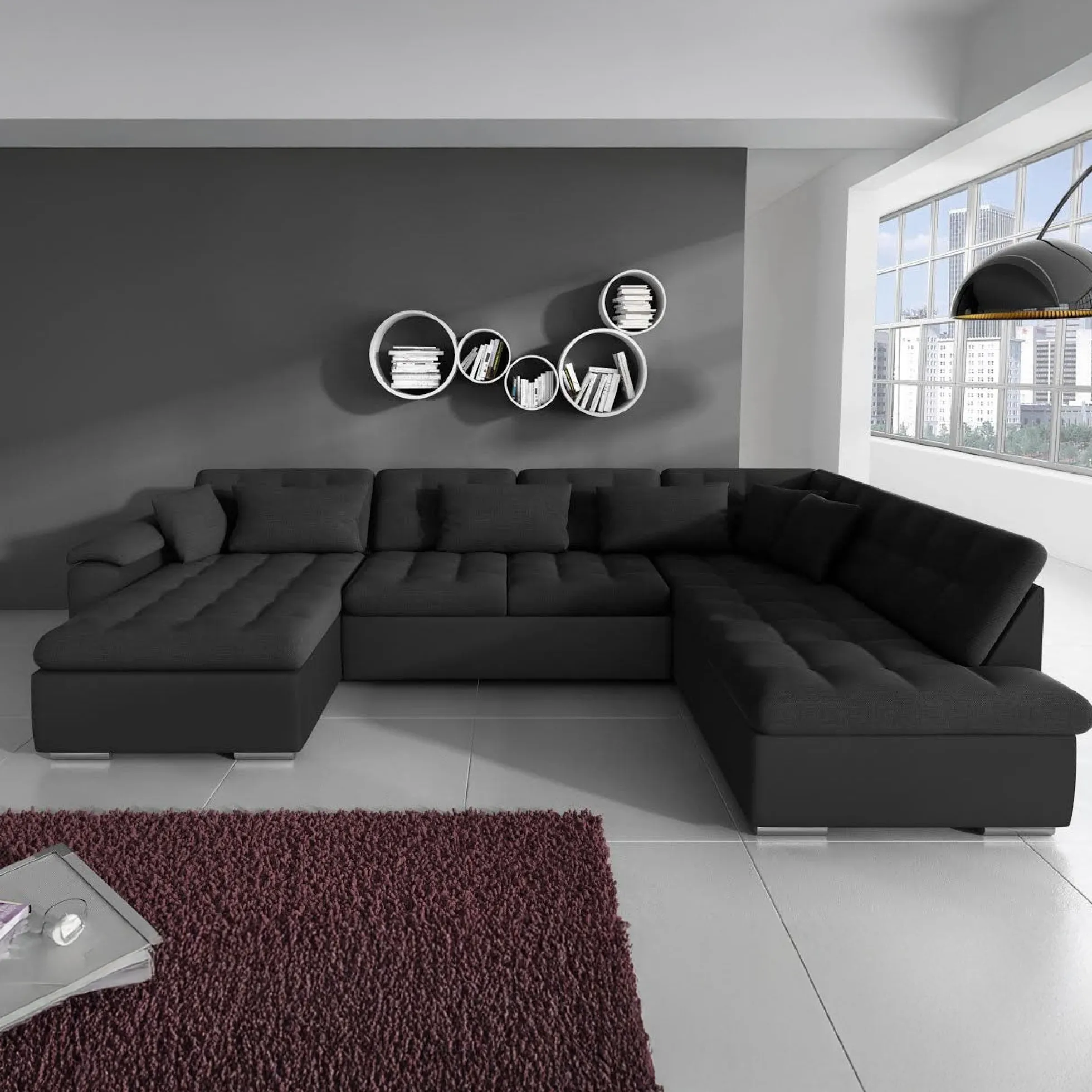 Nicoreta - Hoekbank 5-zits met chaise longue - Stof zwart - Links