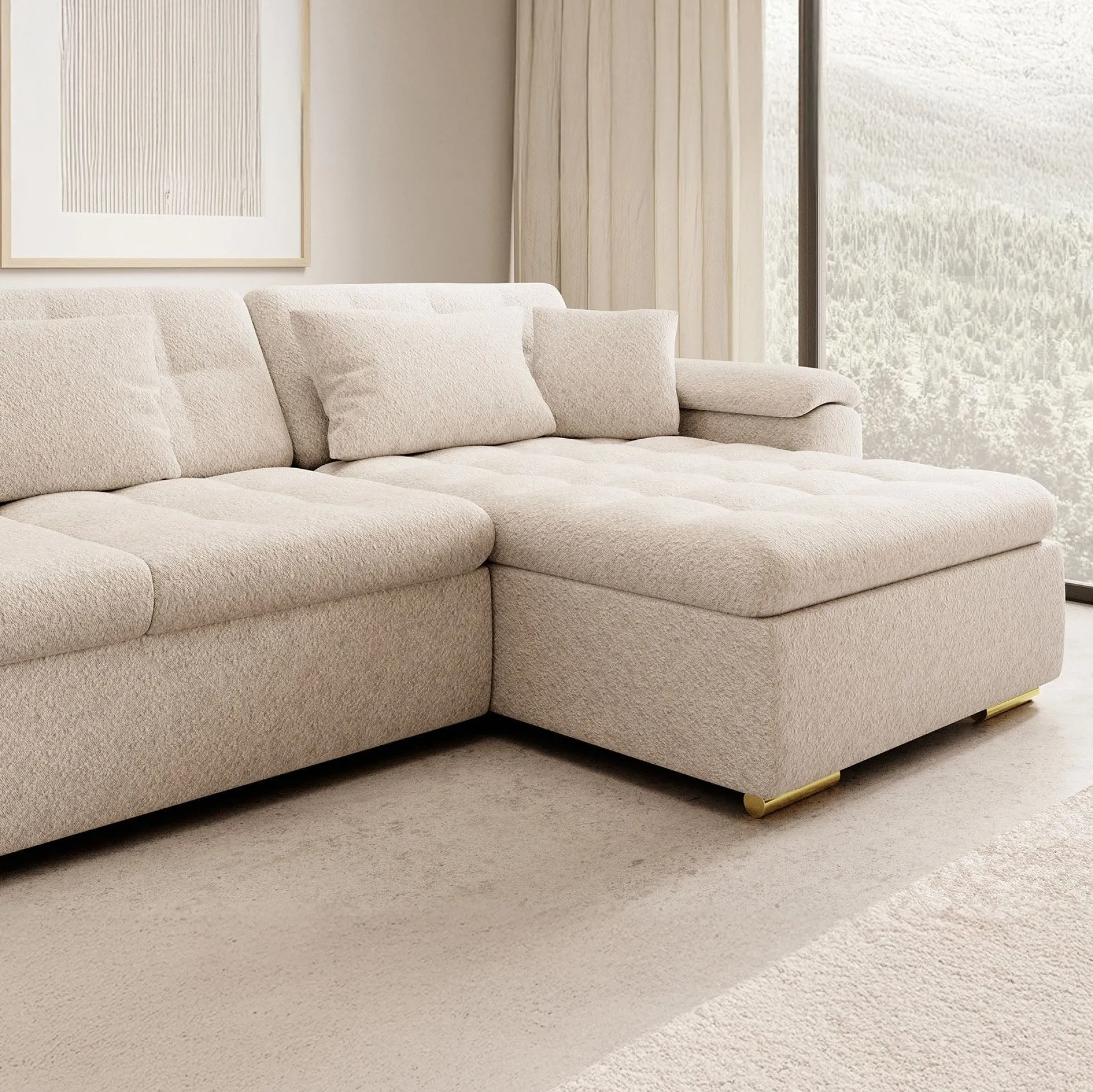 Nicoreta - Hoekbank 5-zits met chaise longue - Teddystof beige - Recht