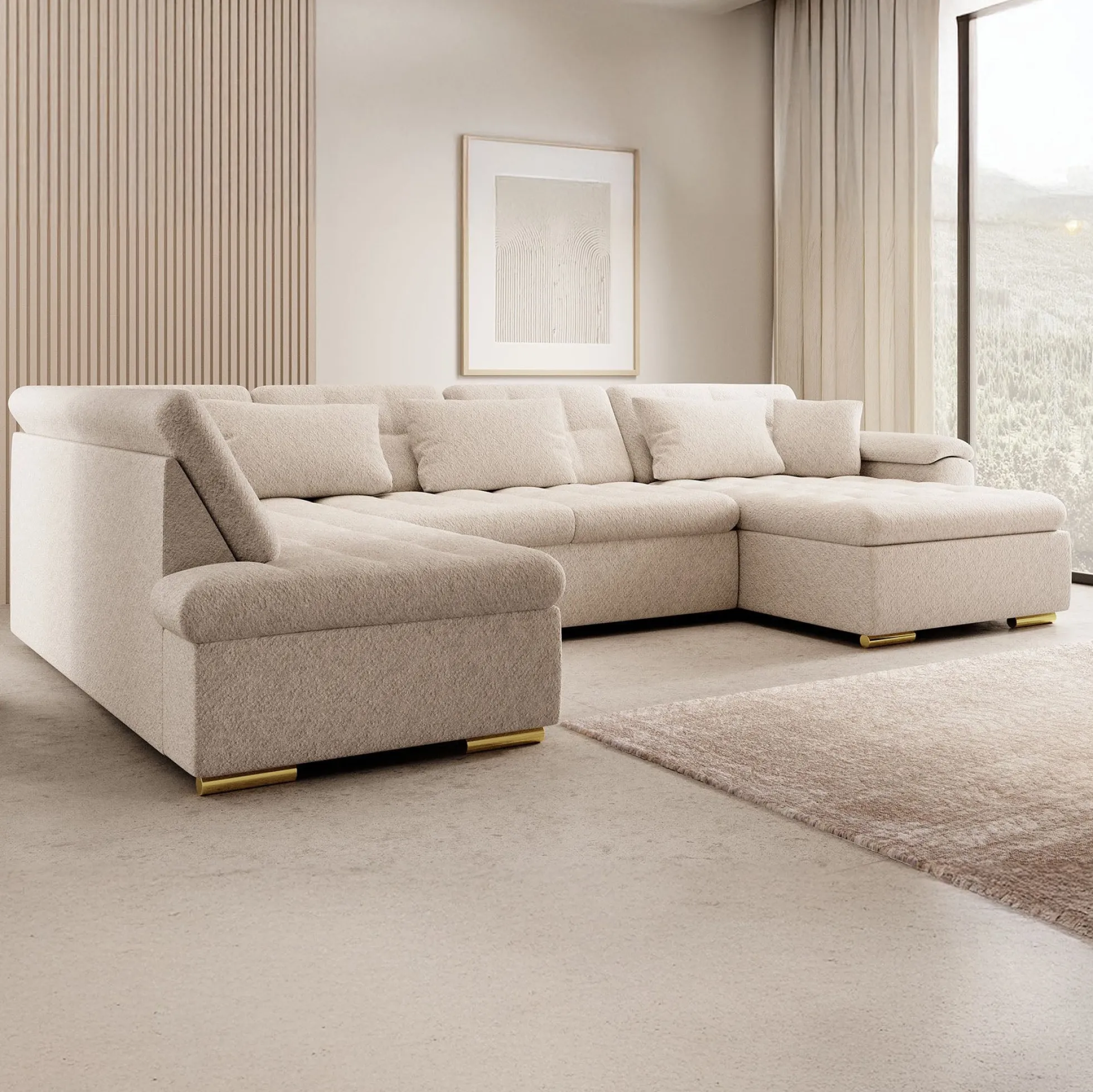 Nicoreta - Hoekbank 5-zits met chaise longue - Teddystof beige - Recht