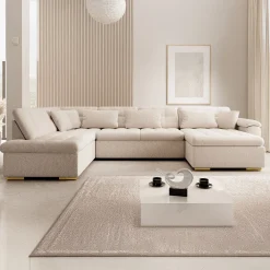 Nicoreta - Hoekbank 5-zits met chaise longue - Teddystof beige - Recht