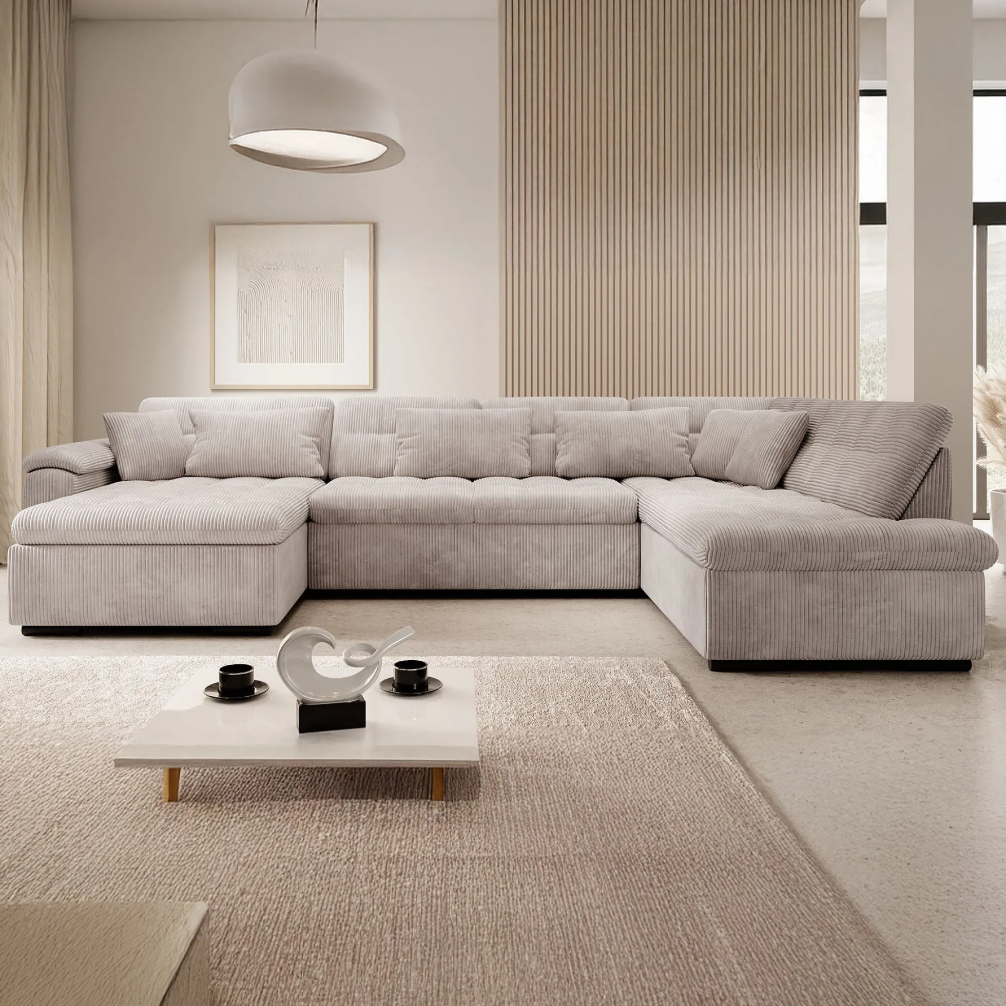 Nicoreta - Hoekbank 5-zits met chaise longue - Ribstof beige - Links