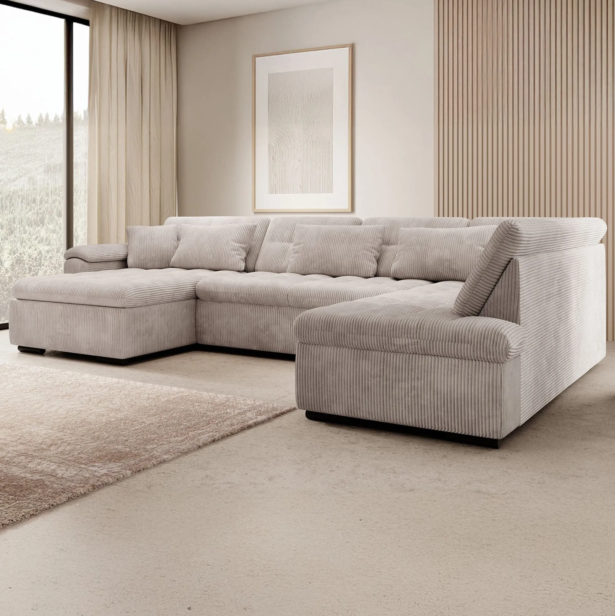 Nicoreta - Hoekbank 5-zits met chaise longue - Ribstof beige - Links