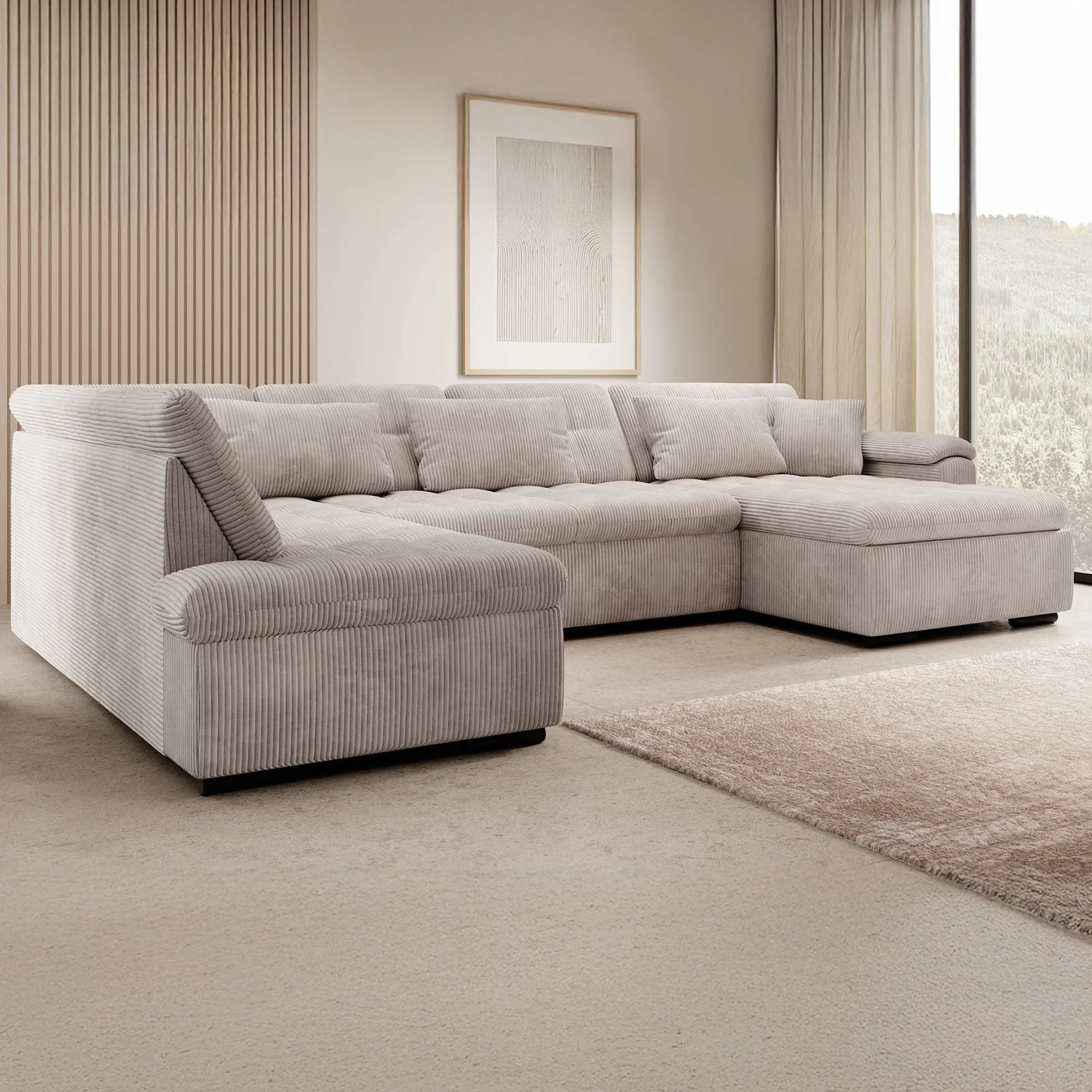 Nicoreta - Hoekbank 5-zits met chaise longue - Ribstof beige - Rechts