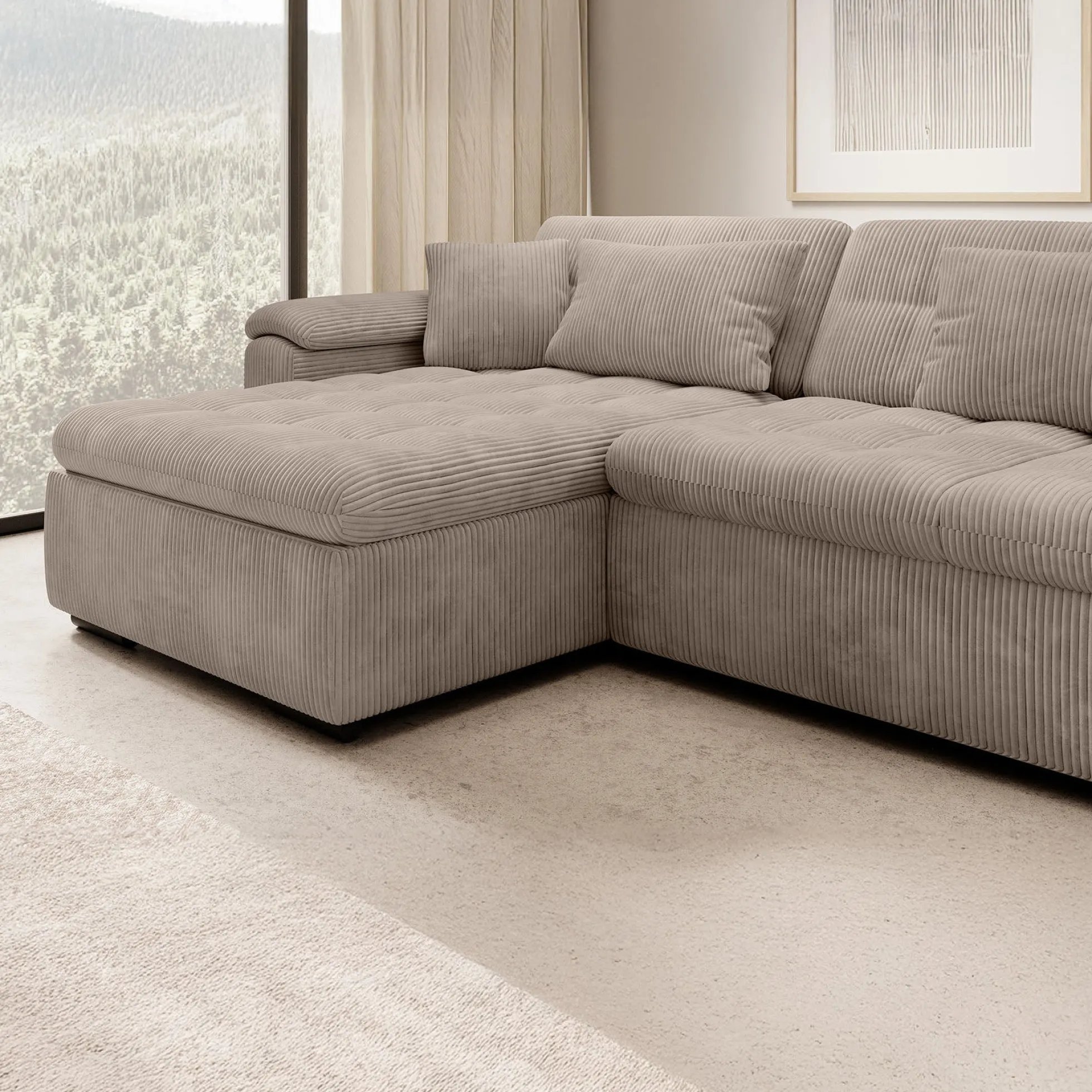 Nicoreta - Hoekbank 5-zits met chaise longue - Ribstof bruin - Links