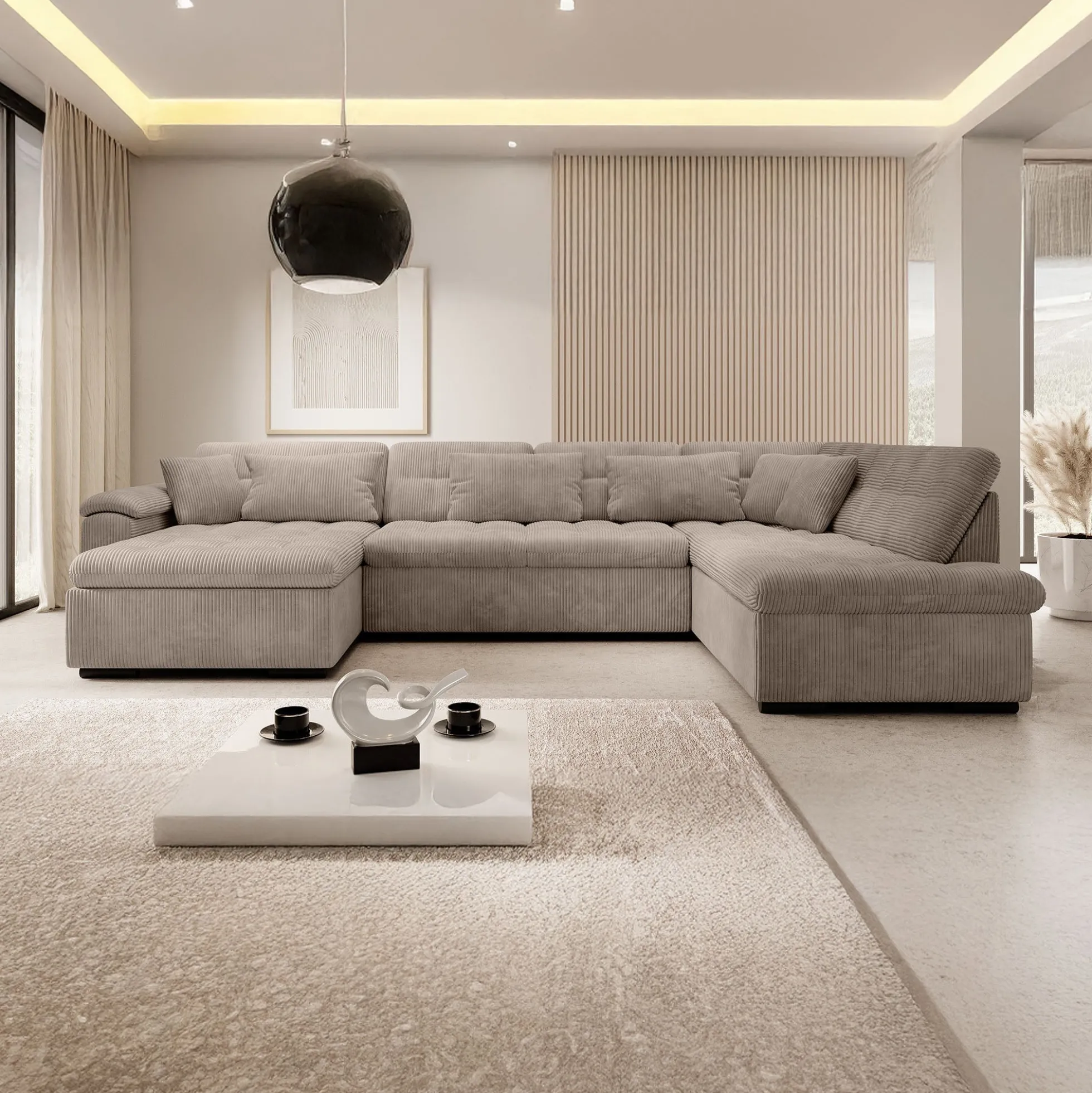 Nicoreta - Hoekbank 5-zits met chaise longue - Ribstof bruin - Links