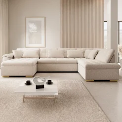 Nicoreta - Hoekbank 5-zits met chaise longue - Teddystof beige - Links