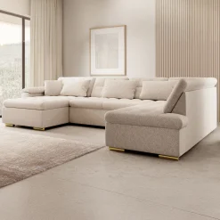 Nicoreta - Hoekbank 5-zits met chaise longue - Teddystof beige - Links