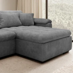 Nicoreta - Hoekbank 5-zits met chaise longue - Ribstof donkergrijs - R