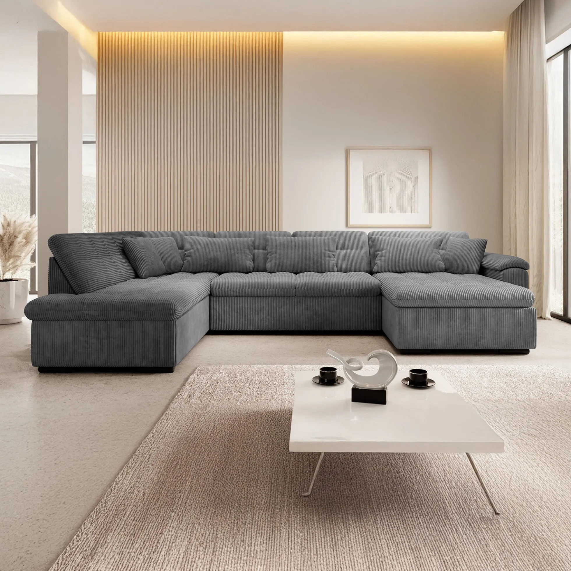 Nicoreta - Hoekbank 5-zits met chaise longue - Ribstof donkergrijs - R
