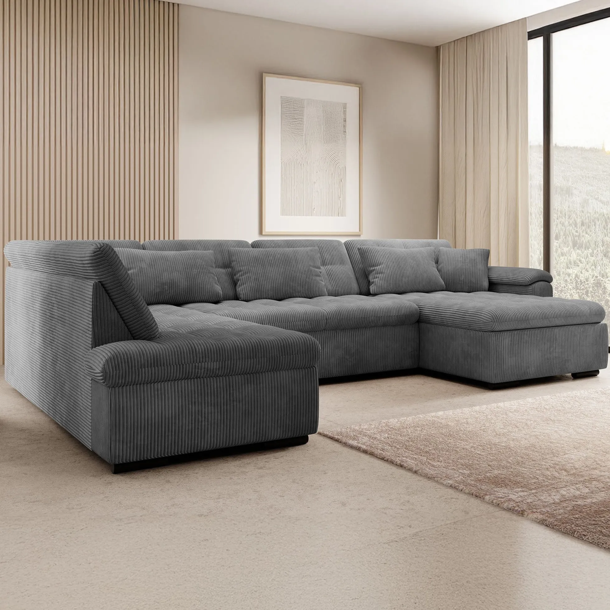 Nicoreta - Hoekbank 5-zits met chaise longue - Ribstof donkergrijs - R