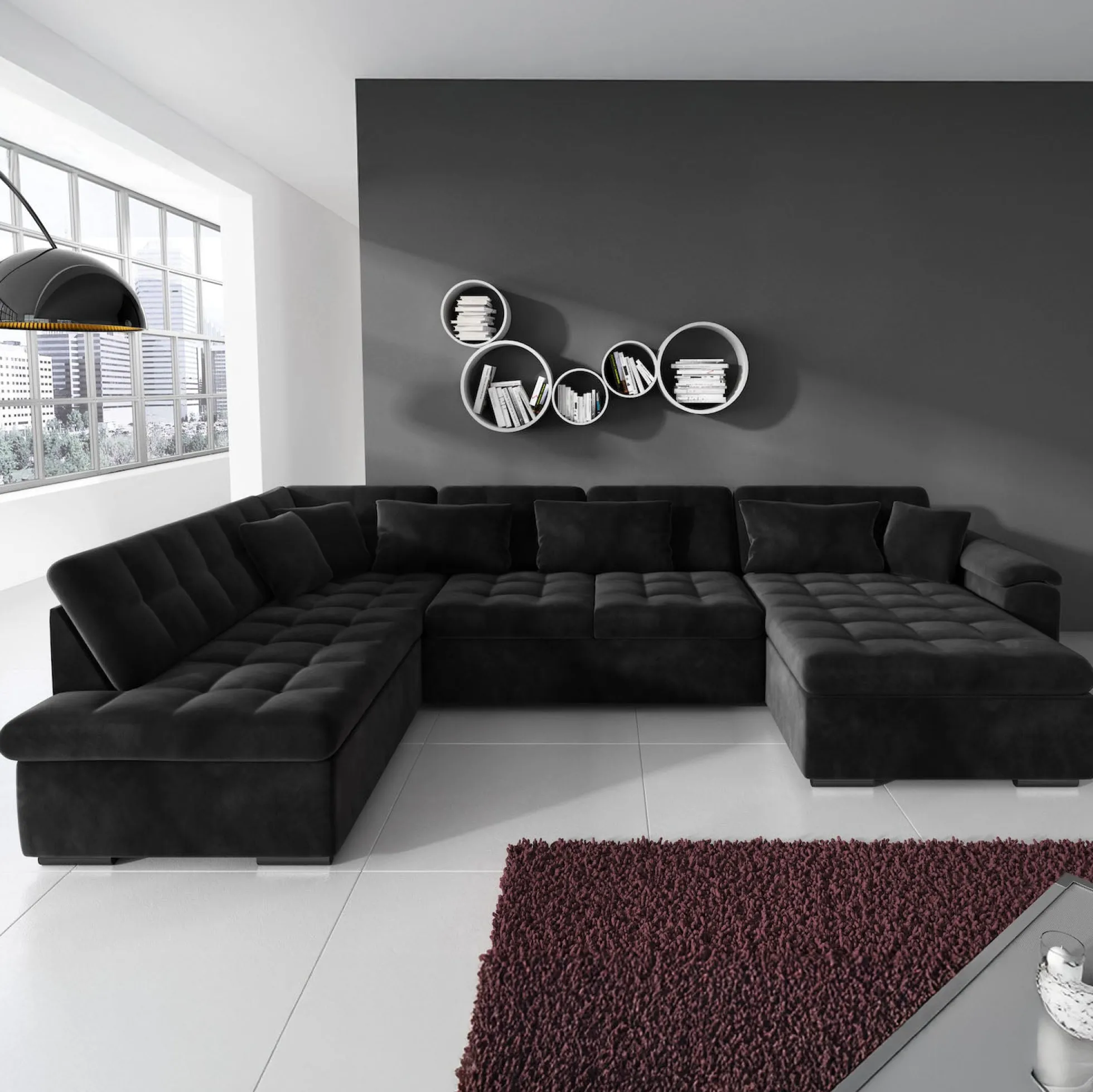 Nicoreta - Hoekbank 5-zits met chaise longue - Velvet zwart - Rechts