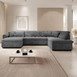 Nicoreta - Hoekbank 5-zits met chaise longue - Ribstof donkergrijs - L