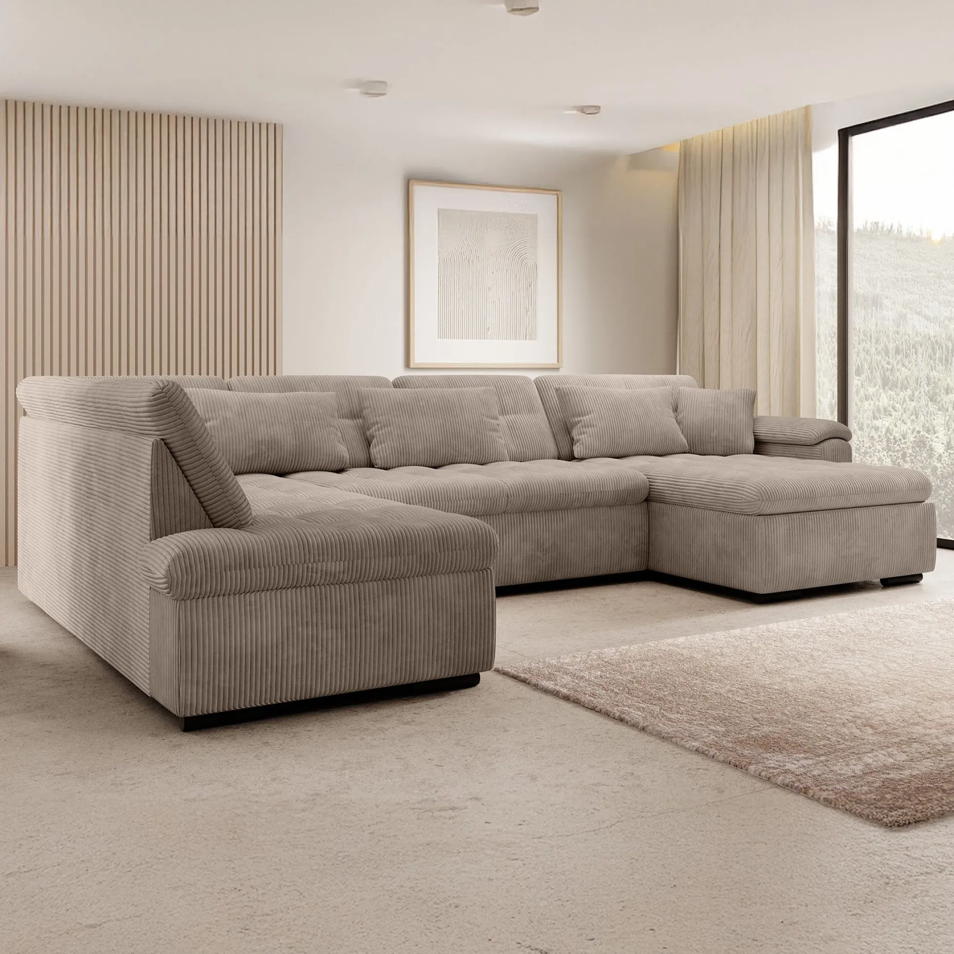 Nicoreta - Hoekbank 5-zits met chaise longue - Ribstof bruin - Rechts