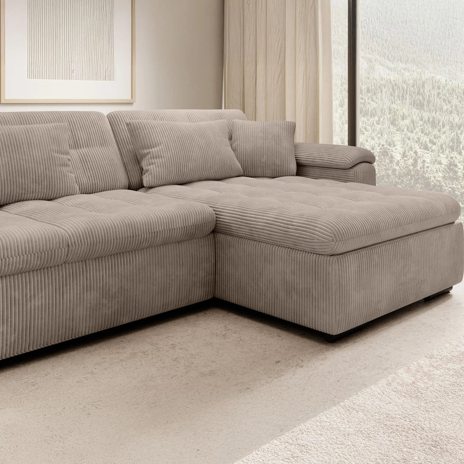 Nicoreta - Hoekbank 5-zits met chaise longue - Ribstof bruin - Rechts