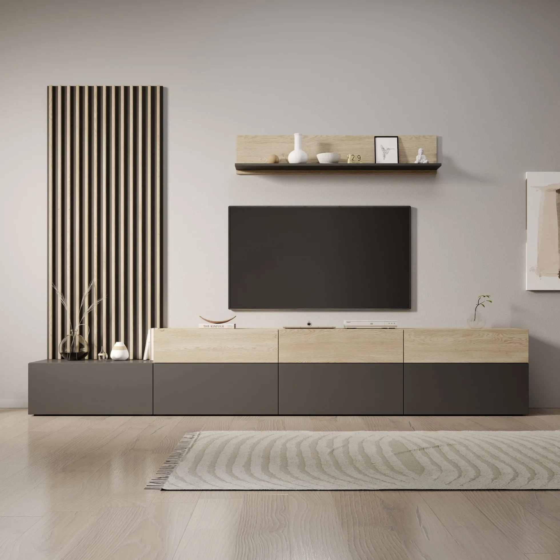 Nobu - Wandmeubel - Grijs/Eikenpatroon - 300x40x209 cm
