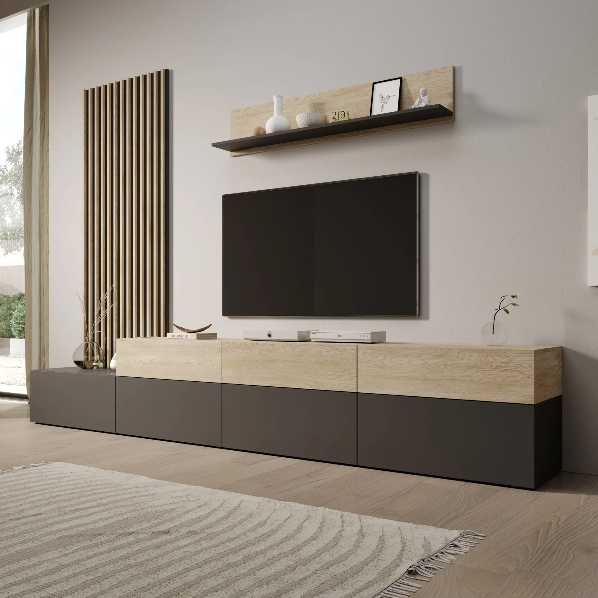 Nobu - Wandmeubel - Grijs/Eikenpatroon - 300x40x209 cm