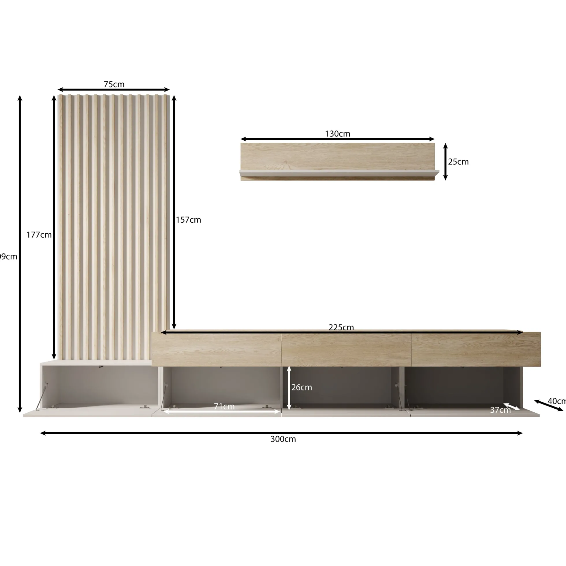 Nobu - Wandmeubel - Grijs/Eikenpatroon - 300x40x209 cm
