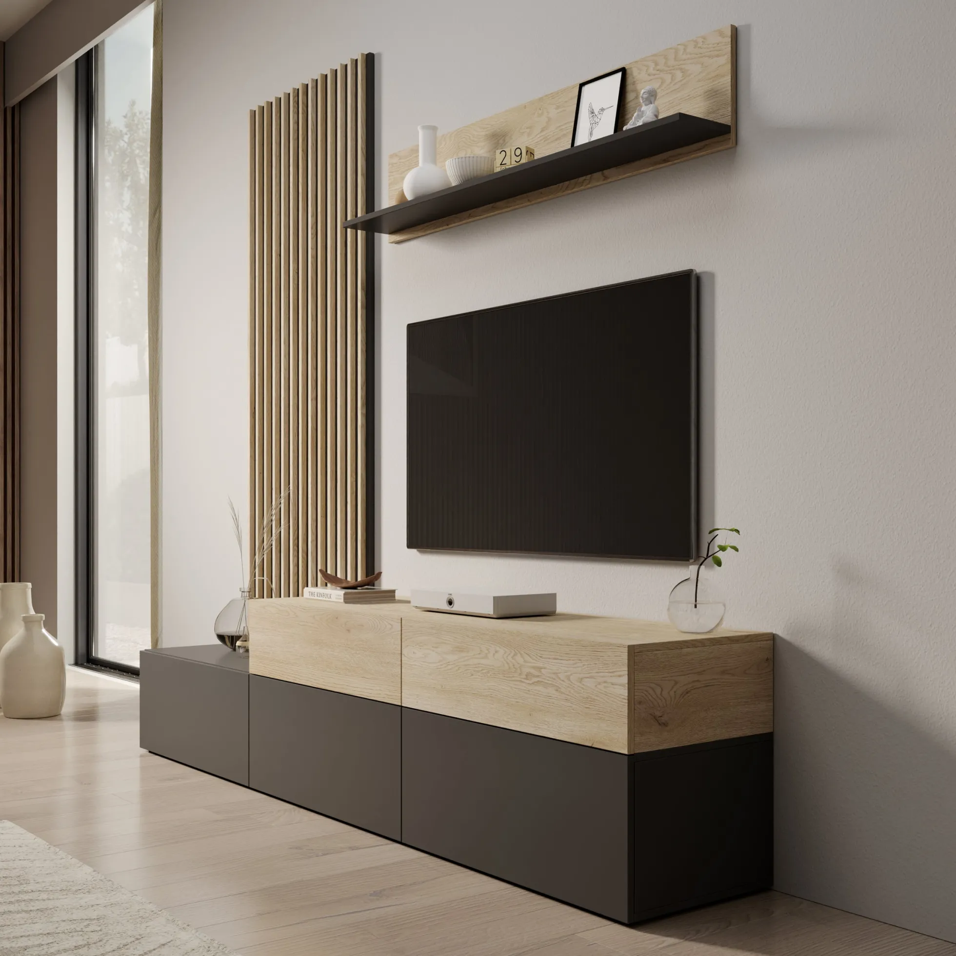 Nobu - Wandmeubel - Grijs/Eikenpatroon - 225x40x209 cm