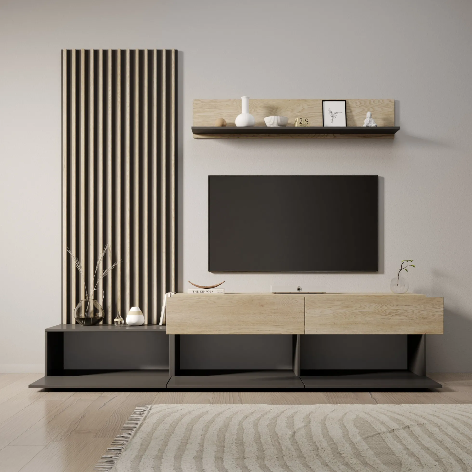 Nobu - Wandmeubel - Grijs/Eikenpatroon - 225x40x209 cm