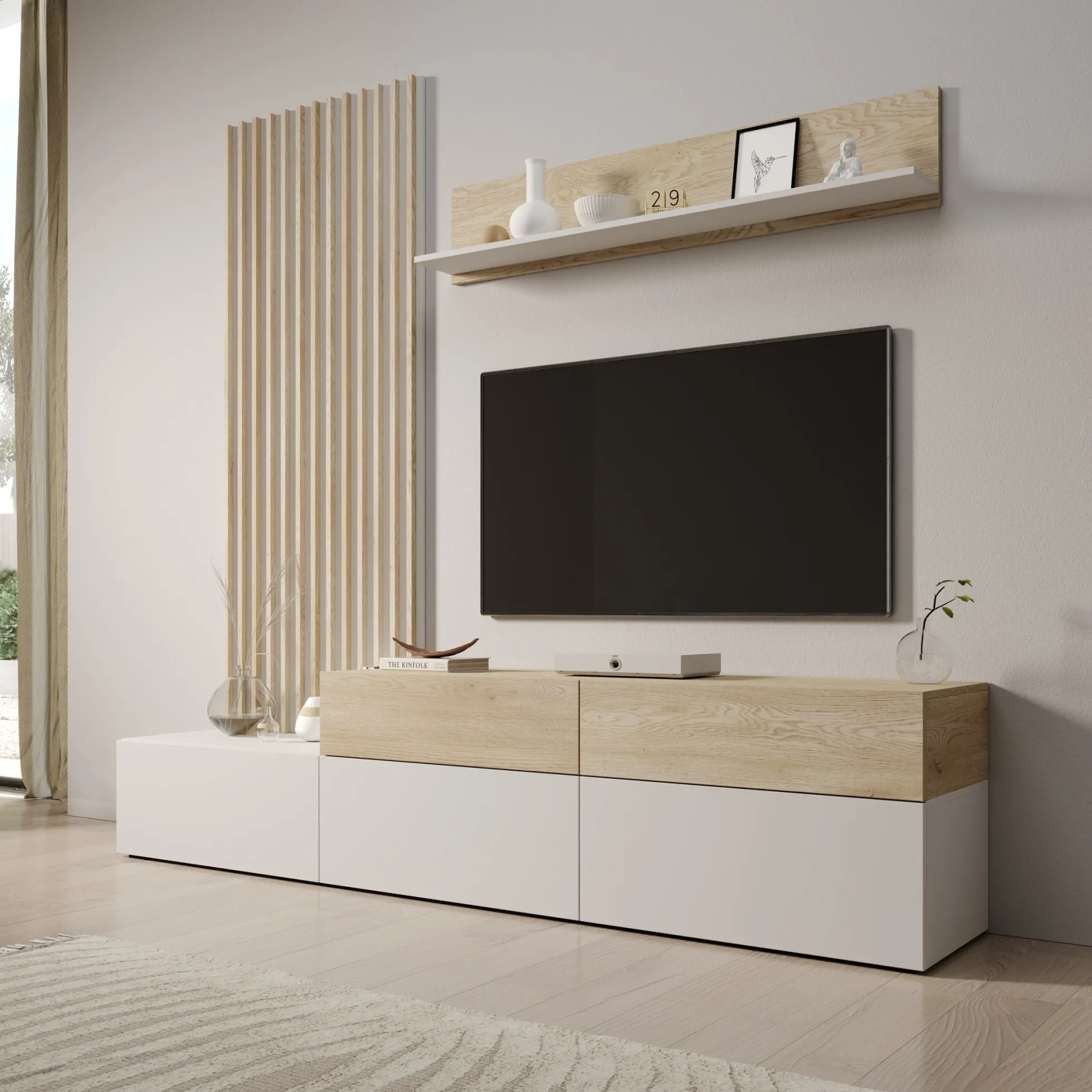 Nobu - Wandmeubel - Wit/Eikenpatroon - 225x40x209 cm