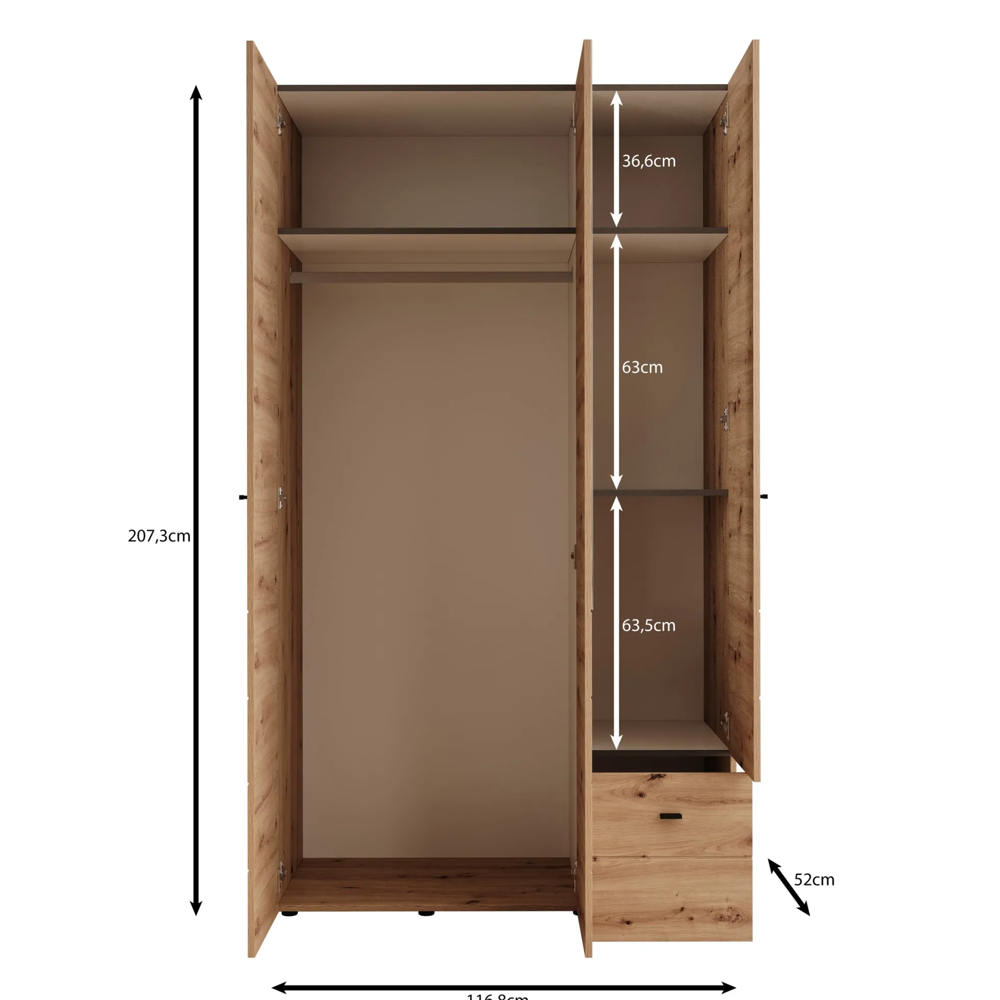Nouran - Kledingkast 3-deurs - Wit - 117x52x208 cm