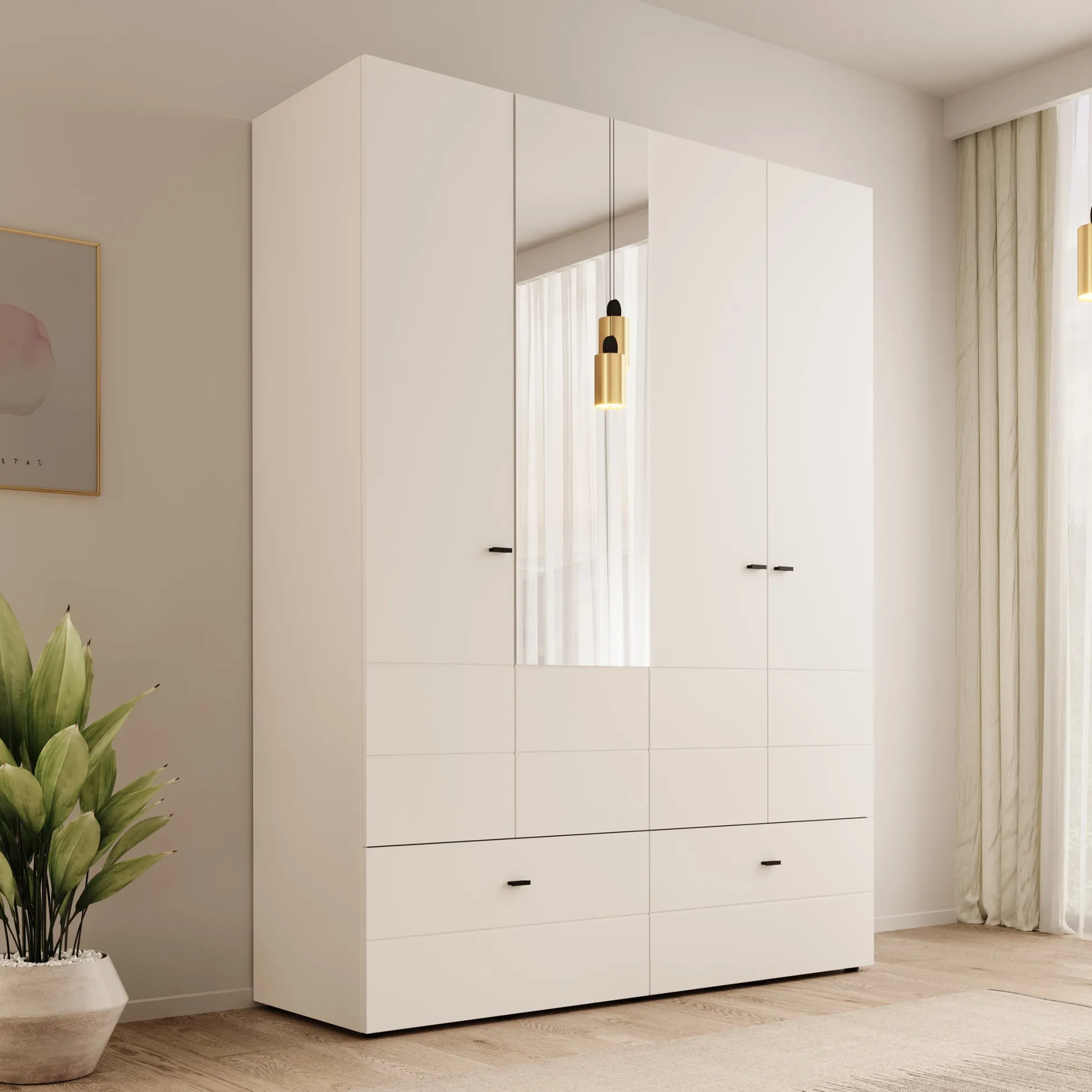 Nouran - Kledingkast 4-deurs met lades - Wit - 155x52x208 cm