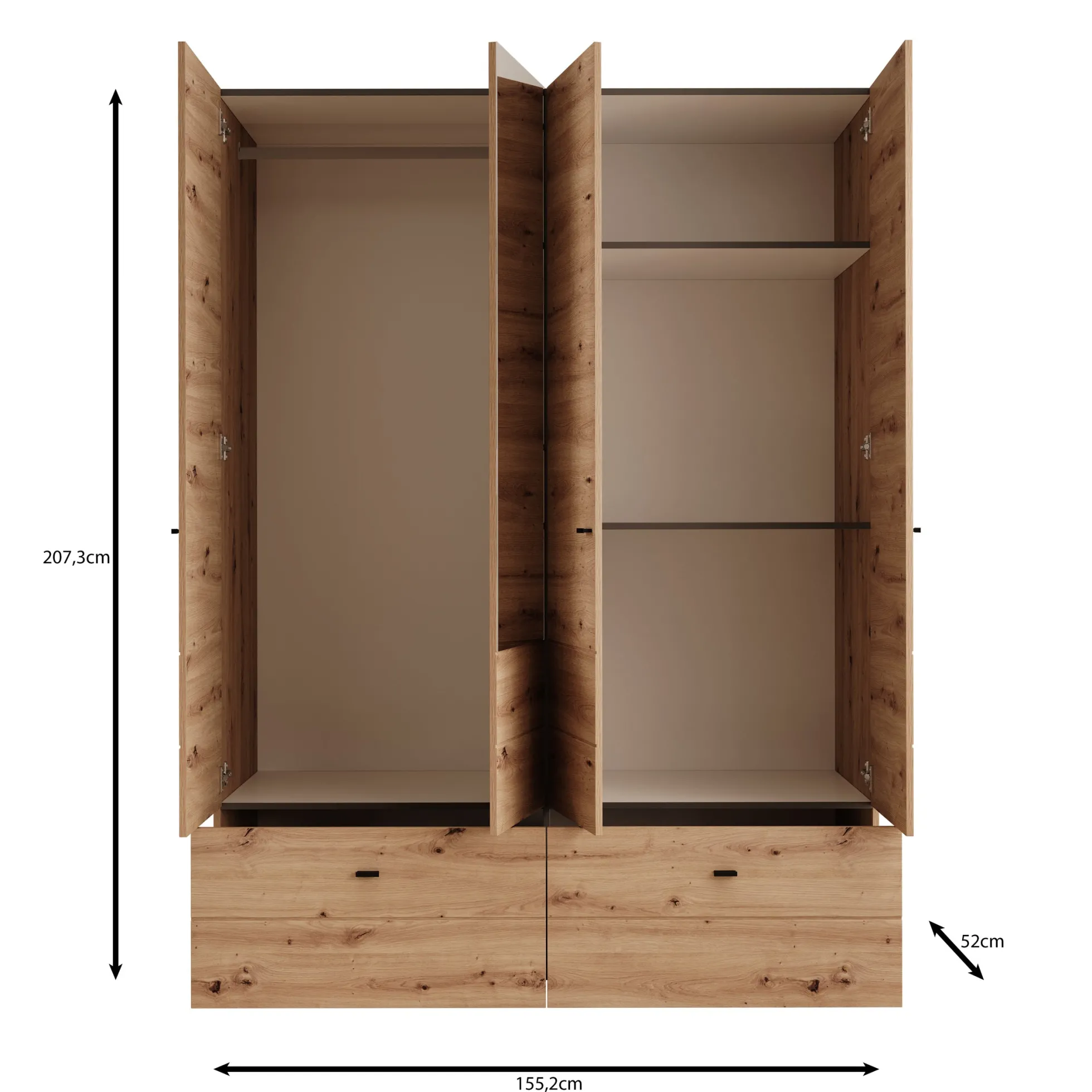 Nouran - Kledingkast 4-deurs met lades - Wit - 155x52x208 cm