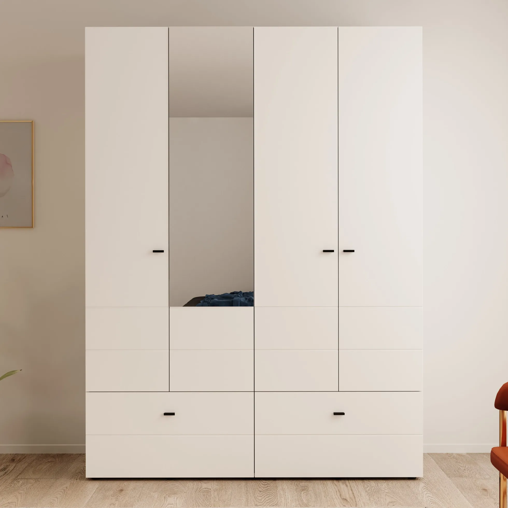 Nouran - Kledingkast 4-deurs met lades - Wit - 155x52x208 cm
