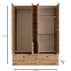 Nouran - Kledingkast 4-deurs met lades - Eikenpatroon - 155x52x208 cm