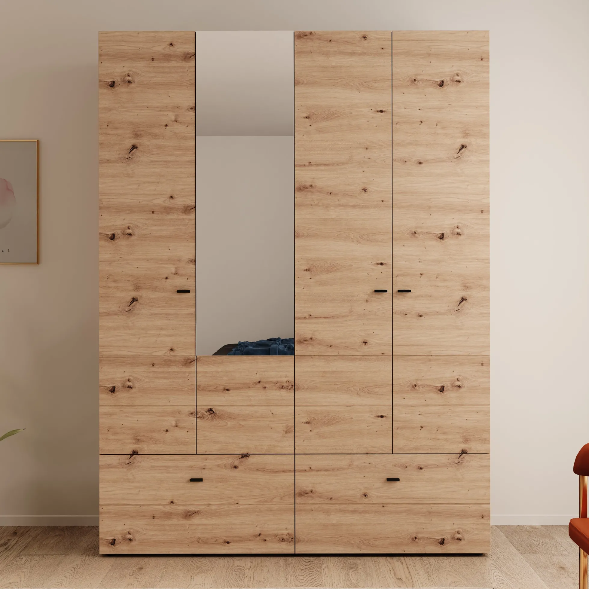 Nouran - Kledingkast 4-deurs met lades - Eikenpatroon - 155x52x208 cm