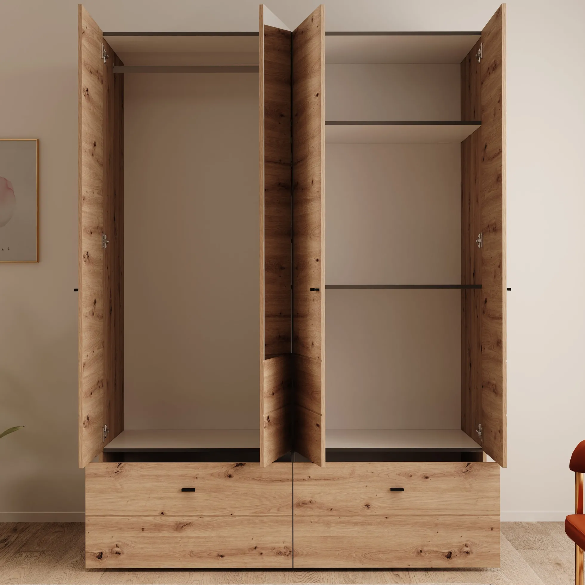 Nouran - Kledingkast 4-deurs met lades - Eikenpatroon - 155x52x208 cm