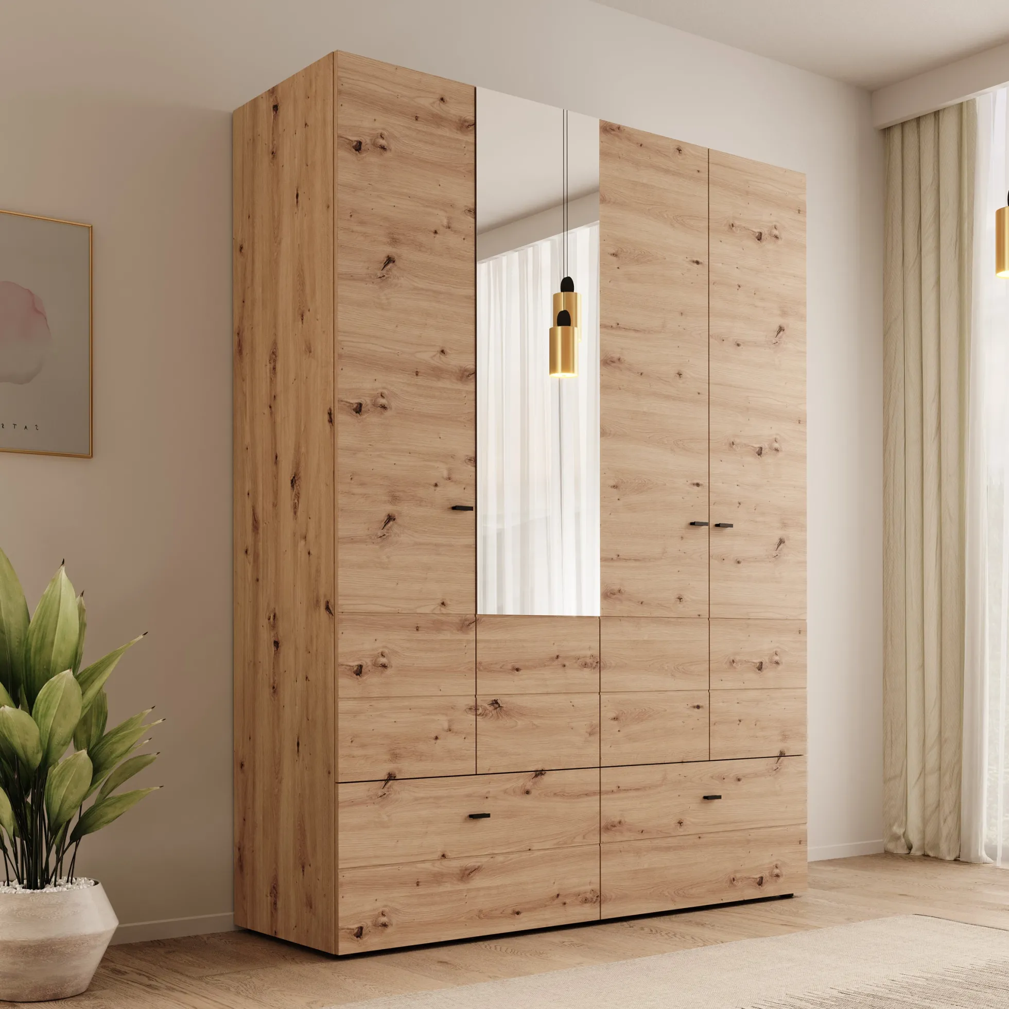 Nouran - Kledingkast 4-deurs met lades - Eikenpatroon - 155x52x208 cm