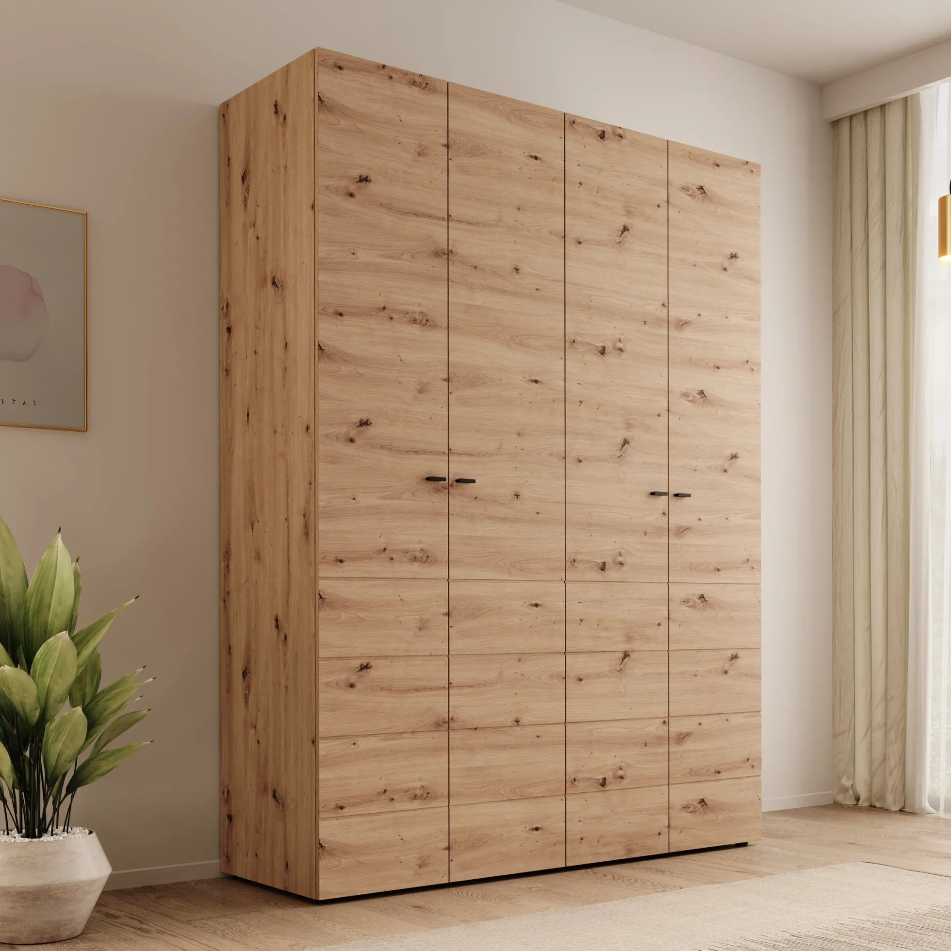 Nouran - Kledingkast met 4 deuren - Eikenpatroon - 155x52x208 cm