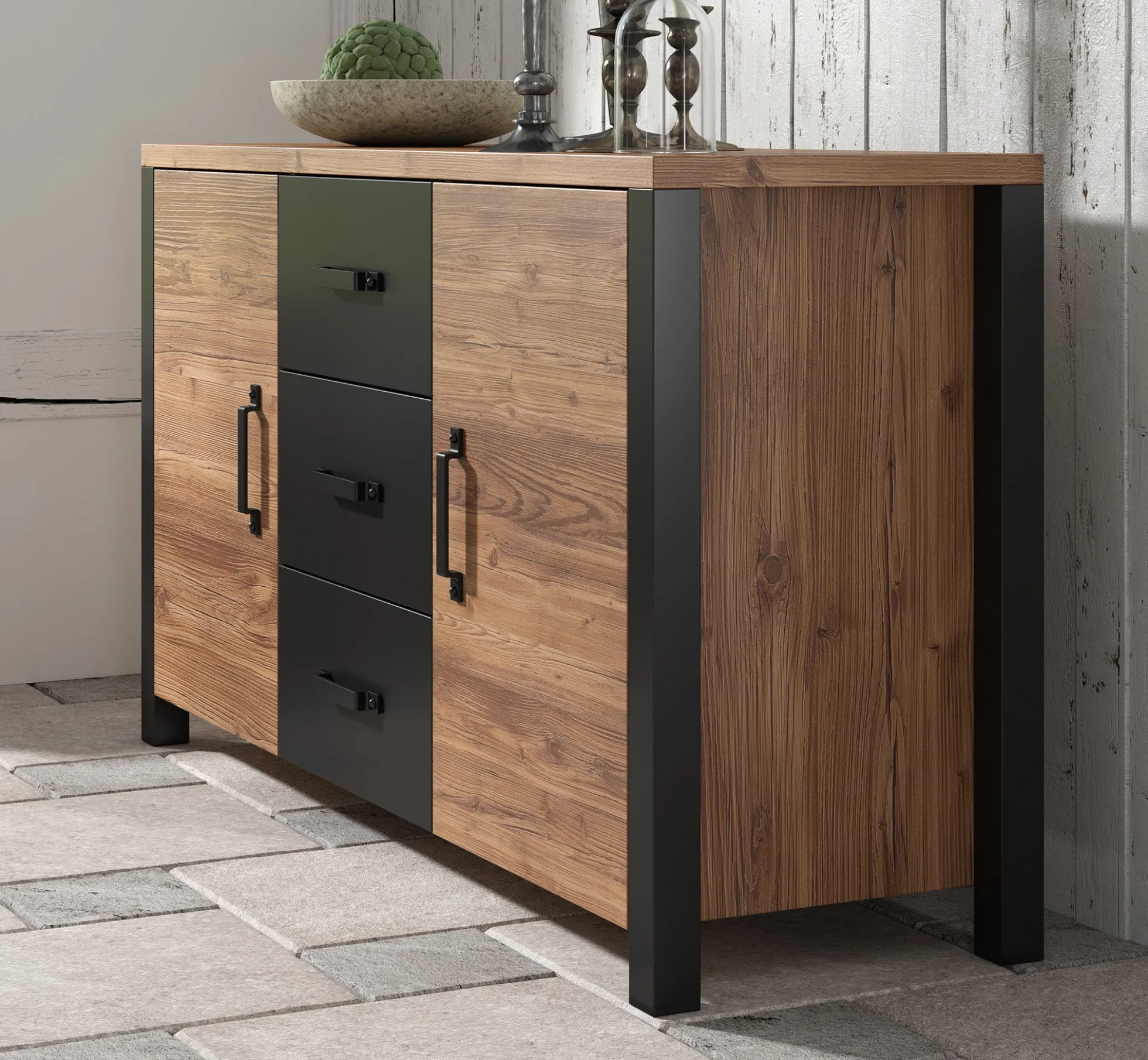 Olivia - Dressoir - Zwart/eiken - 147x43x79 cm