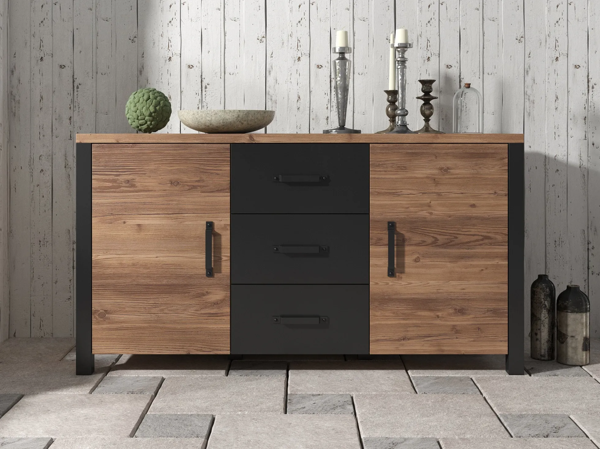 Olivia - Dressoir - Zwart/eiken - 147x43x79 cm